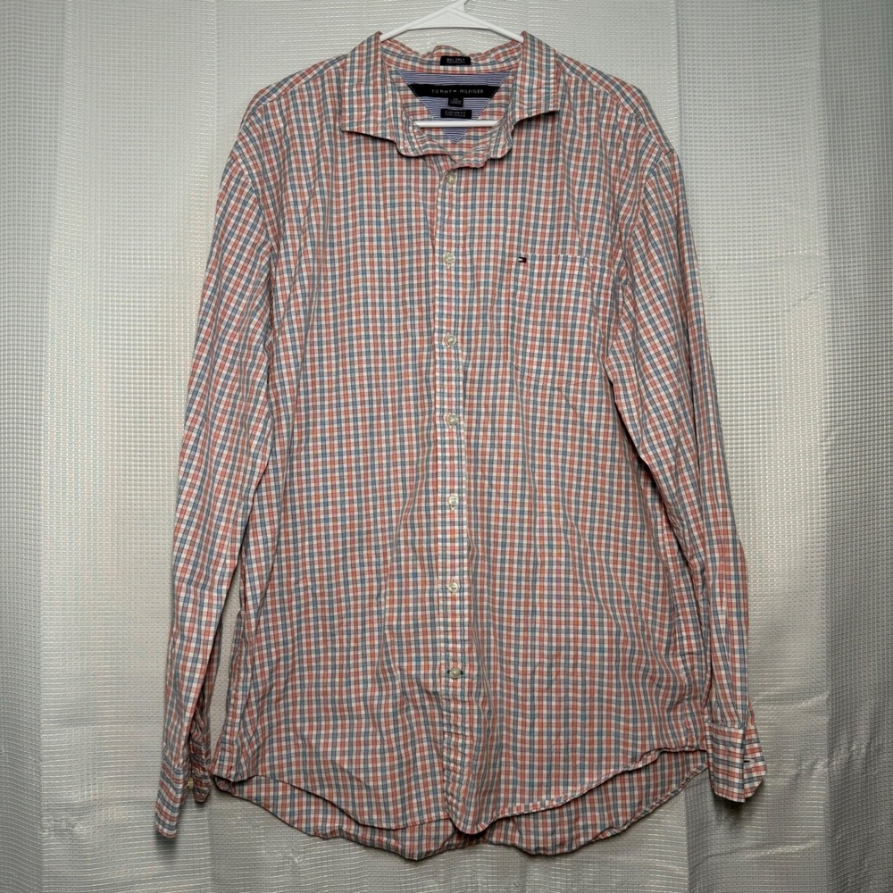 Tommy Hilfiger Button Down Shirt Men's‎ XXL Orange Blue Plaid Custom Fit
